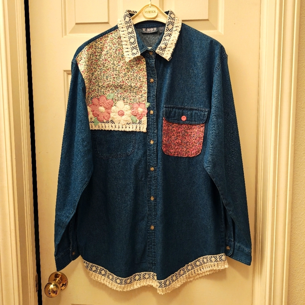 Vintage Denim Button Down W Patchwork, Embroidery… - image 1